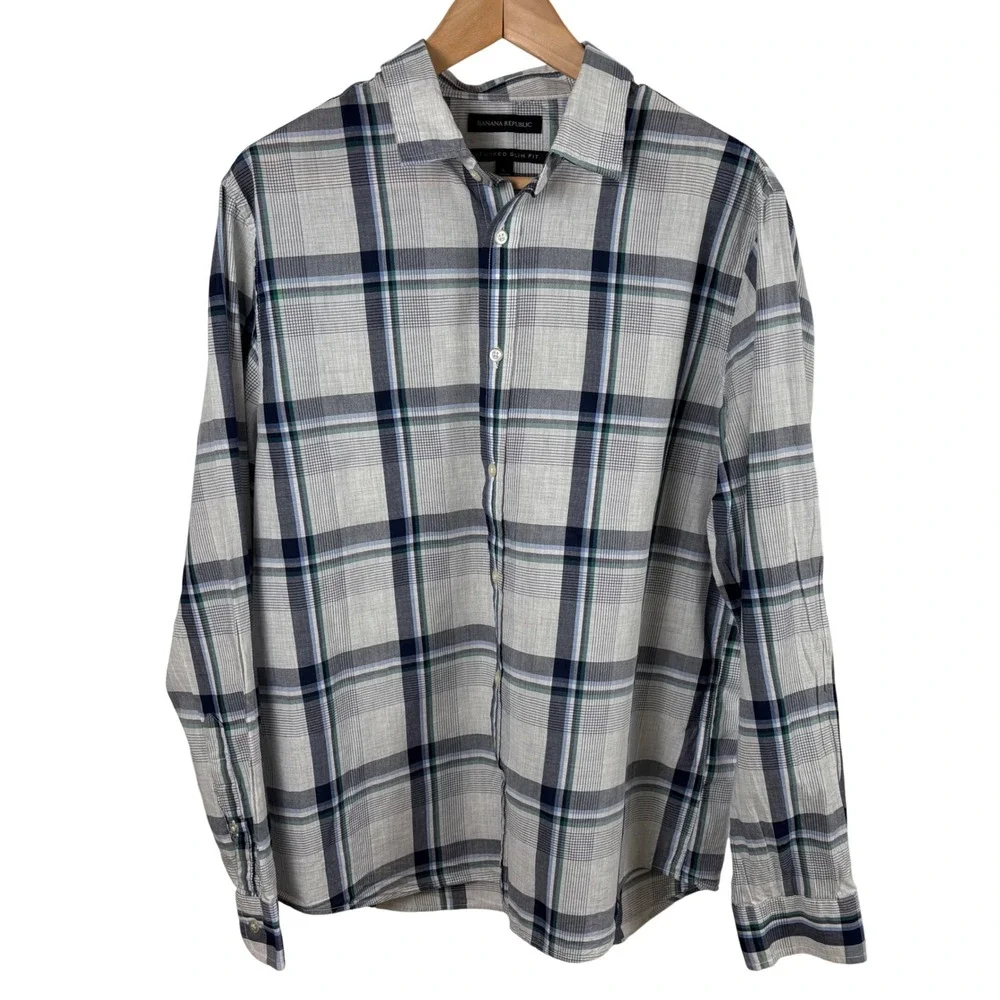 Banana Republic Men's L Button-Down Shirt Blue Plaid Untucked Slim Fit Cotton